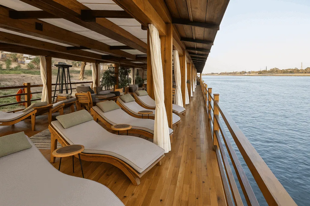 The upper sun deck of a traditional dahabiya sailing vessel on the Nile, with sunbeds laid out and the river beyond, Egypt.