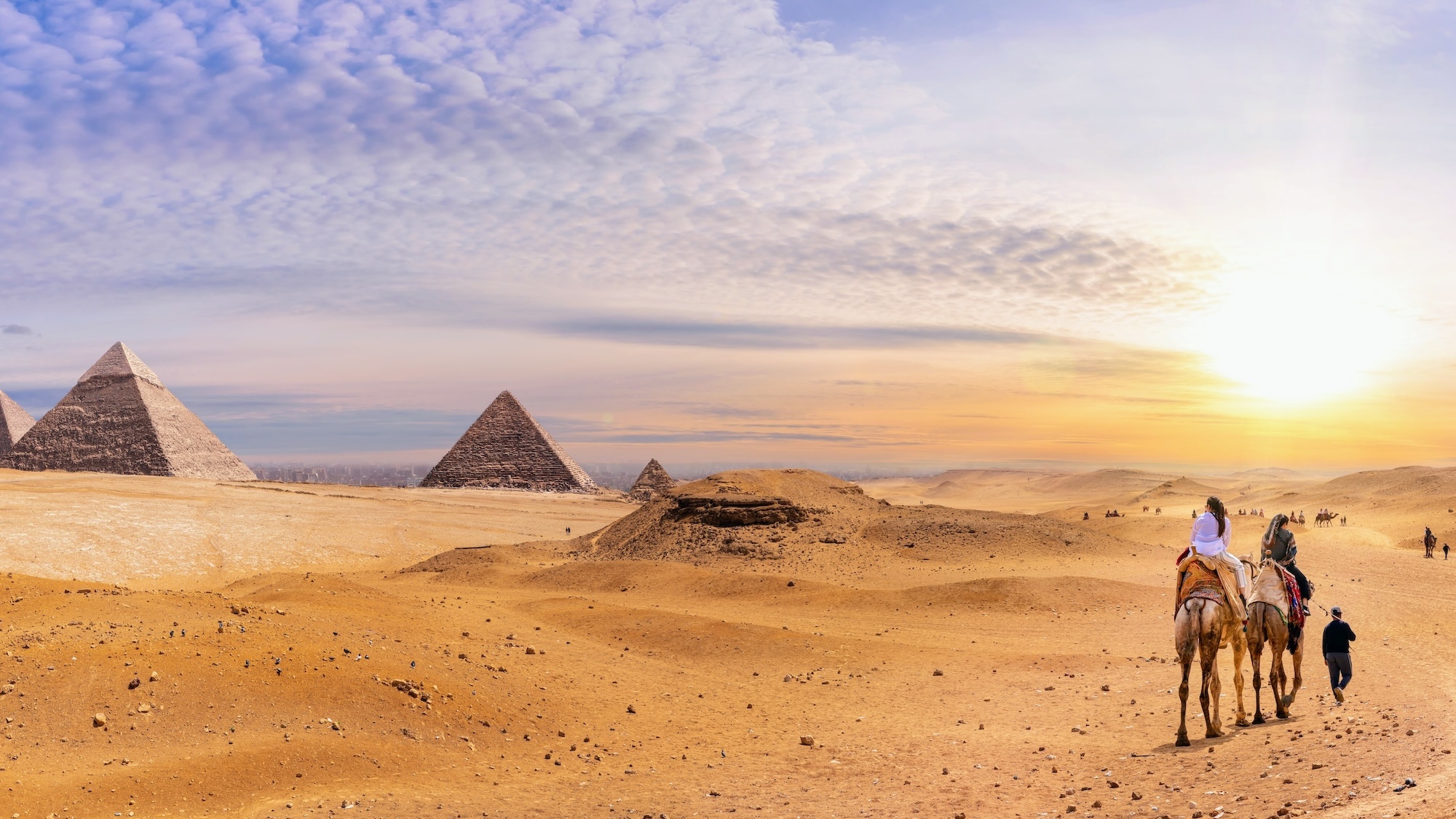 Tourists riding camels near the pyramids on the Giza Plateau, Giza