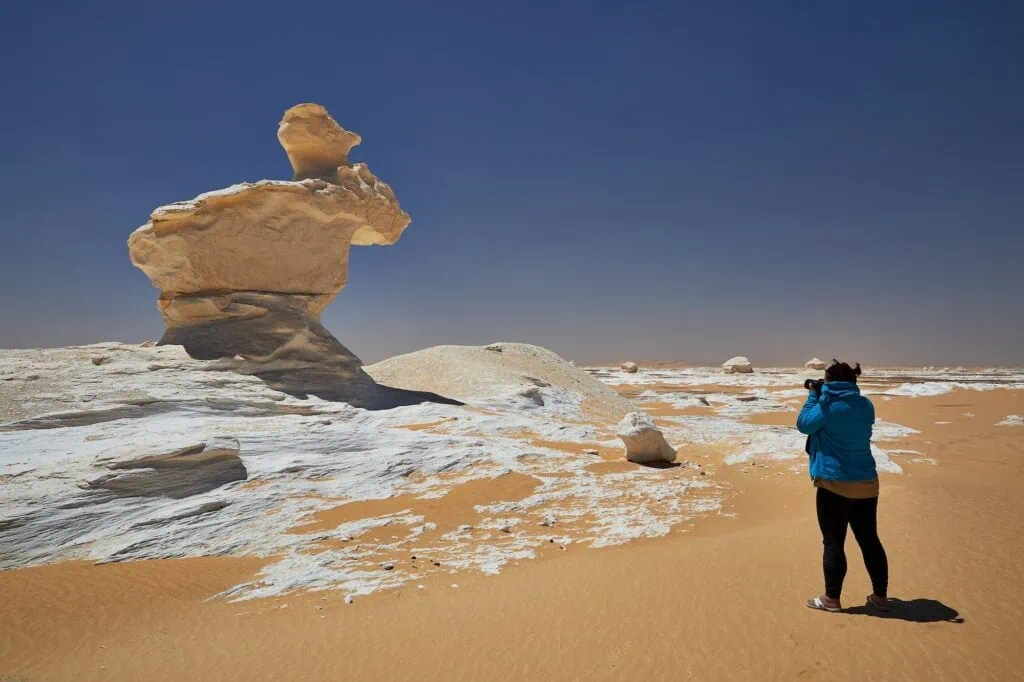 Photographer capturing a moose-shaped rock formation in Farafra