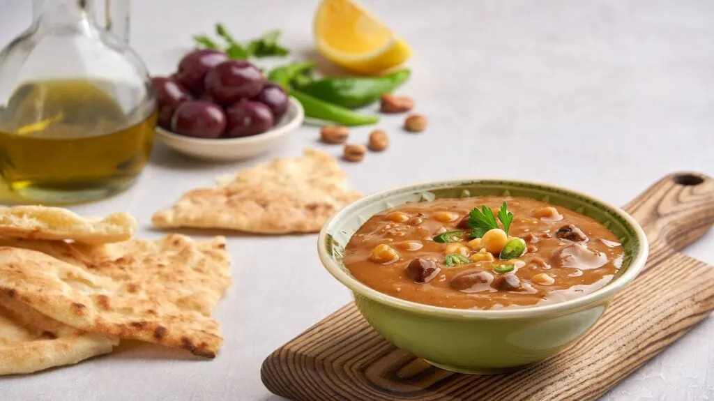 Traditional foul medames made from mashed fava beans served with olive oil and herbs, Foul Medames