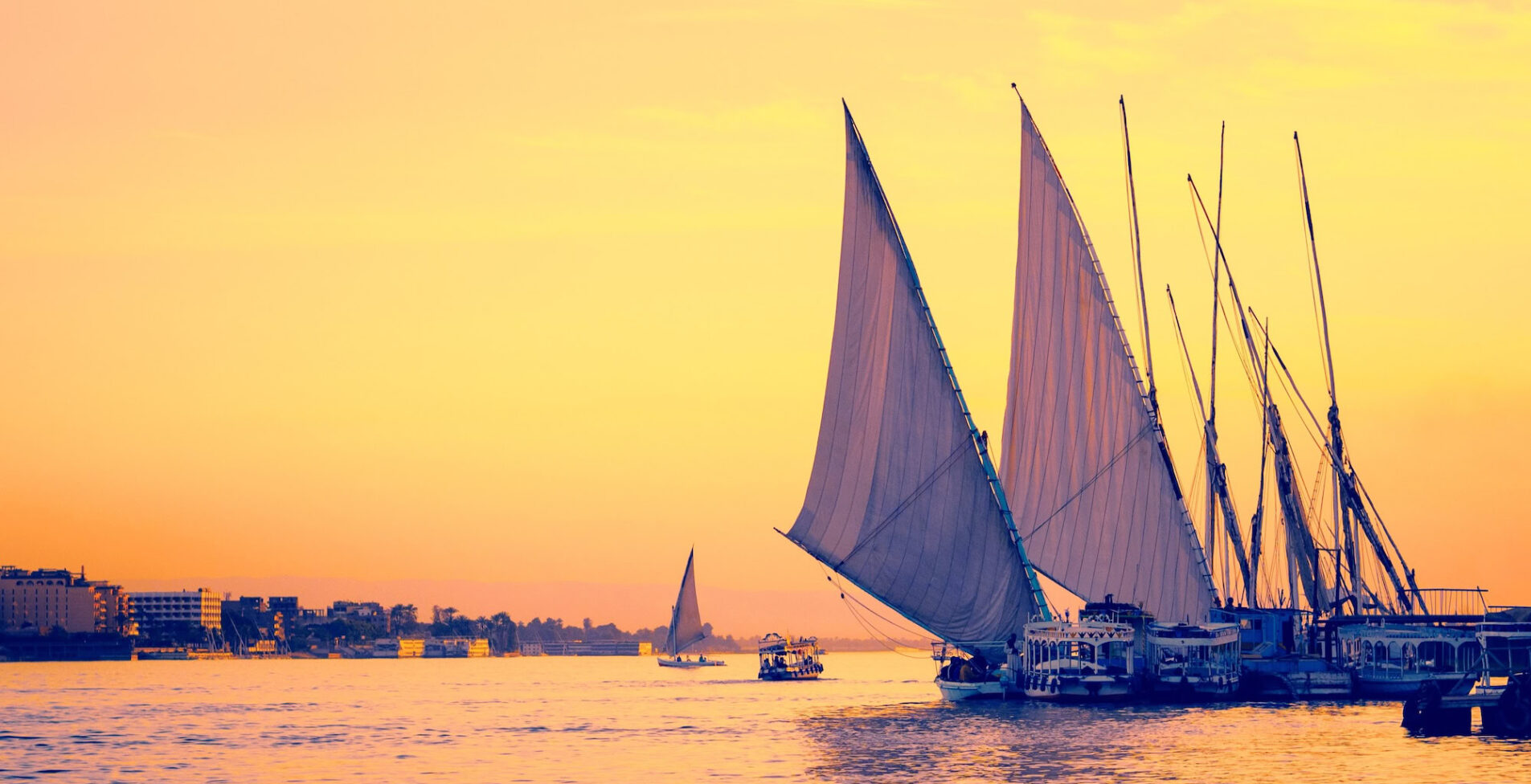 Feluccas at sunset traditional sail vessel on Nile river in Egypt. Silhouettes of egyptian sail boats shoreline on the Nile in evening 1905x976 crop 48 89