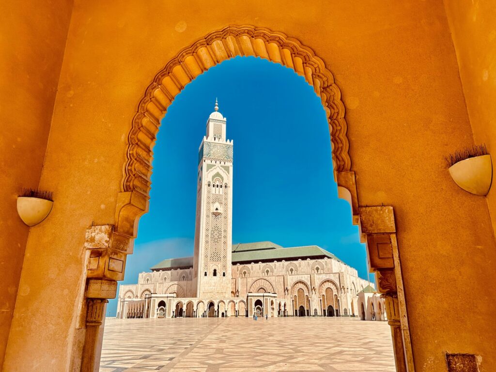 Hassan II Mosque in Casablanca, the Atlantic-front landmark with its 210-metre minaret, the second-tallest religious structure in the world.