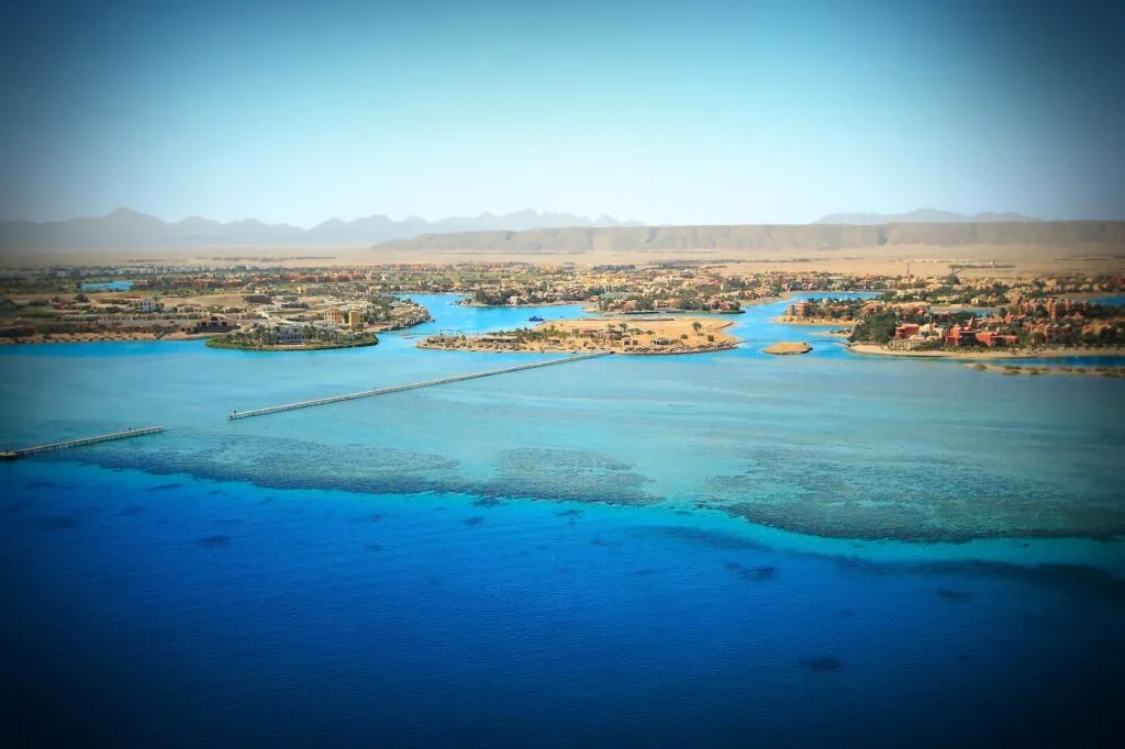 Aerial view of El Gouna’s blue lagoons and sandy shoreline
