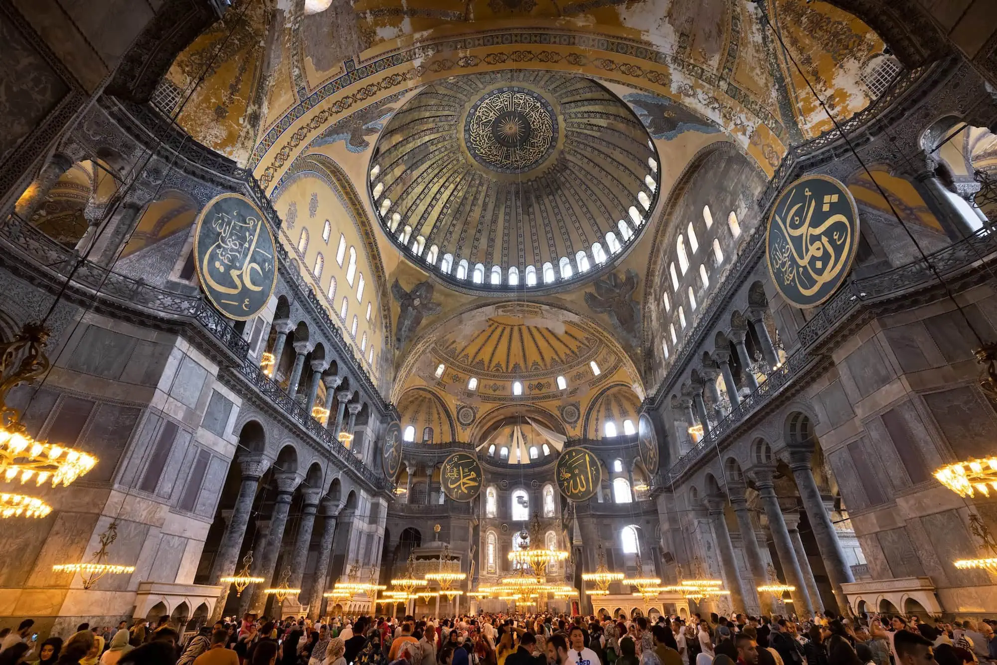 Interior view of Hagia Sophia showing Byzantine and Islamic architectural elements