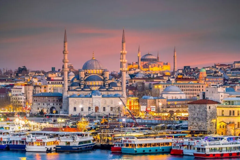 Hagia Sophia Grand Mosque at night Hagia Sophia dome and minaret old town Istanbul Turkiye