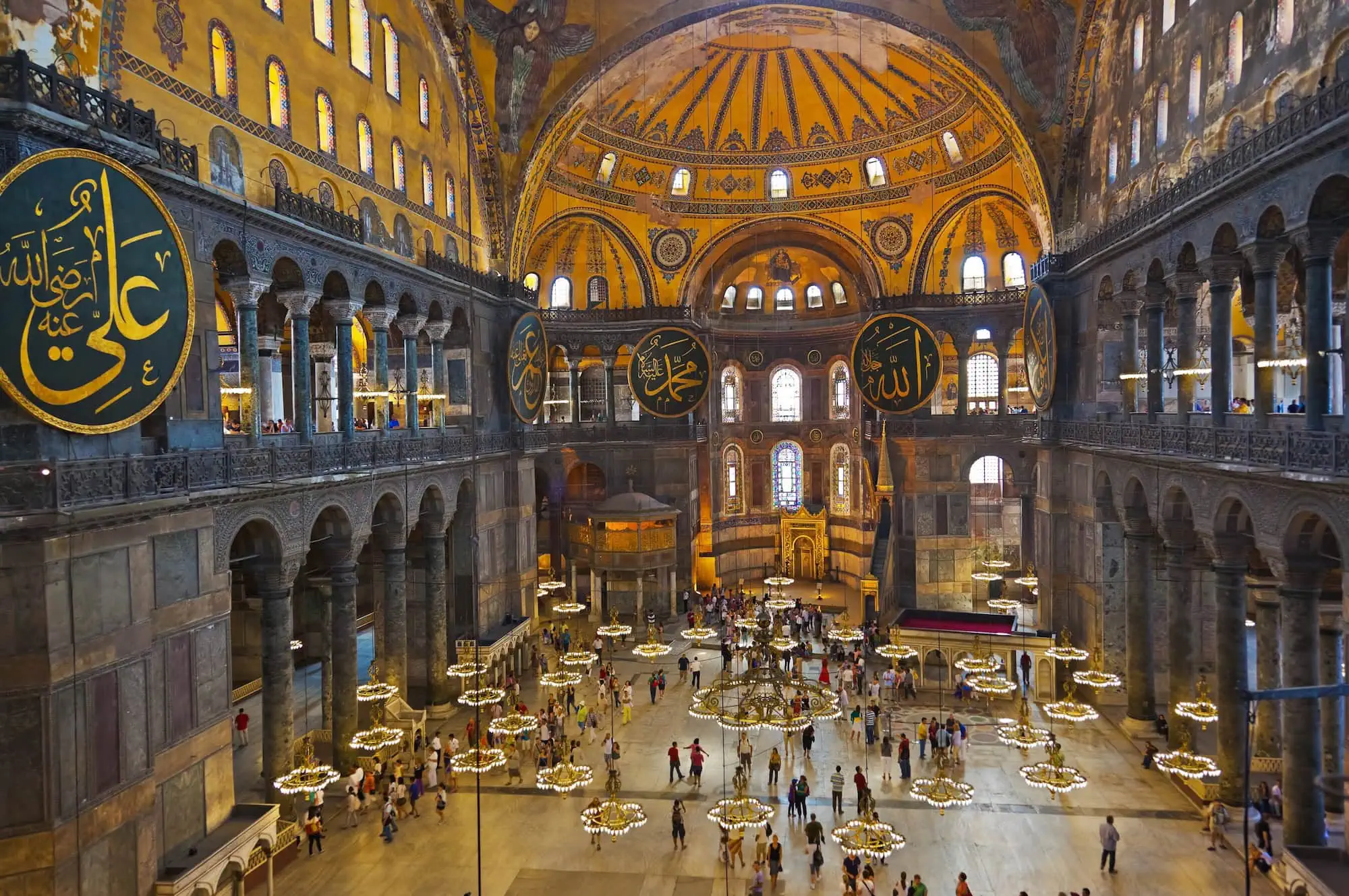 Interior of Hagia Sophia showing the architectural transformation from Byzantine church to Ottoman mosque