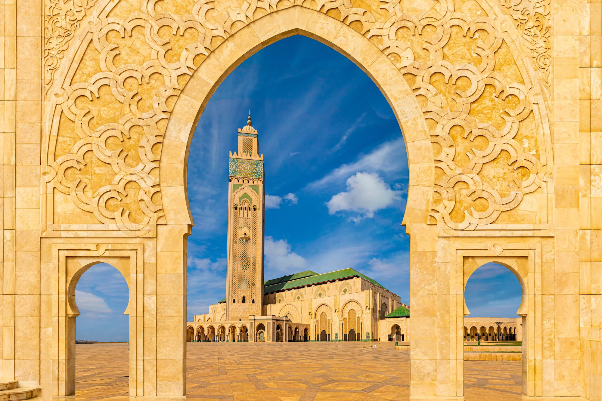 Hassan II Mosque in Casablanca, Morocco – one of the top Casablanca attractions, and the largest functioning mosque in Africa with stunning oceanfront architecture