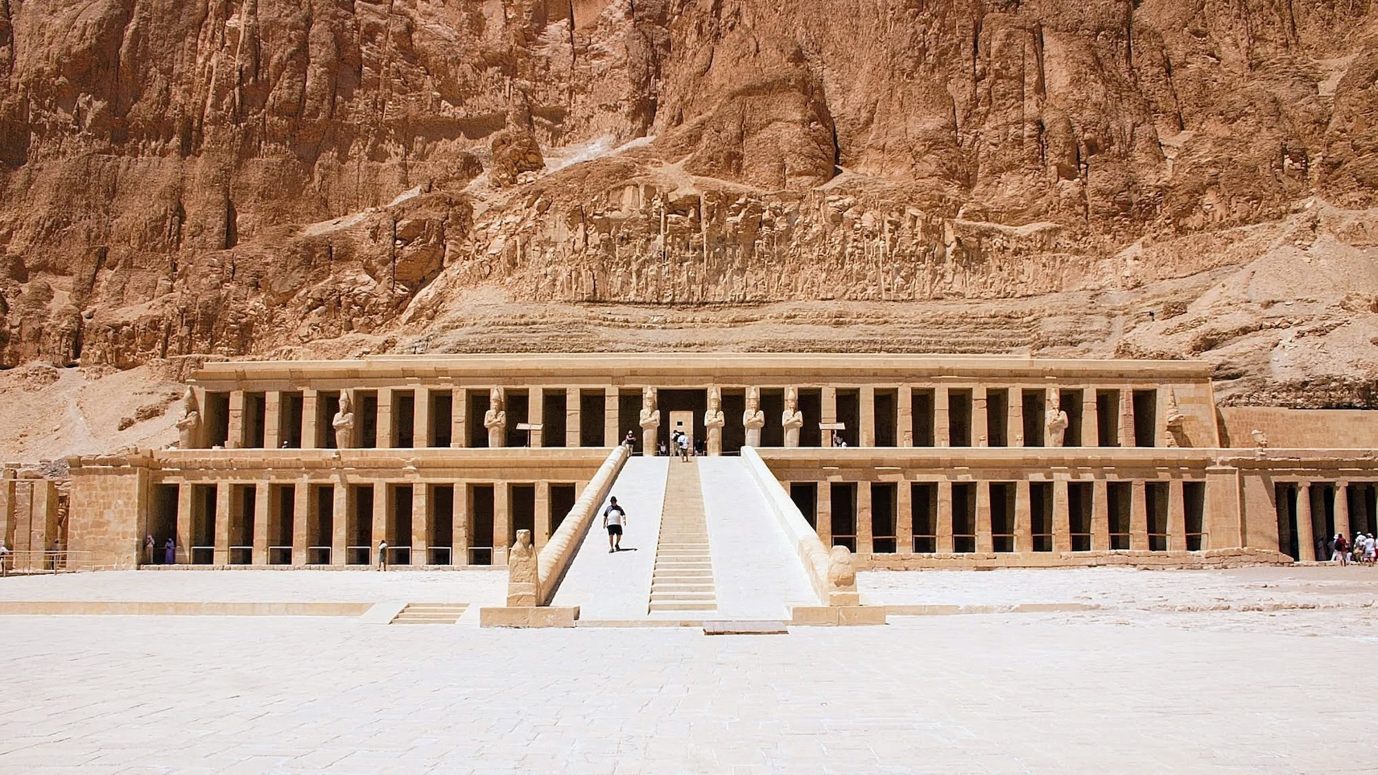 Terraced Temple of Queen Hatshepsut at Deir el-Bahri with limestone cliffs