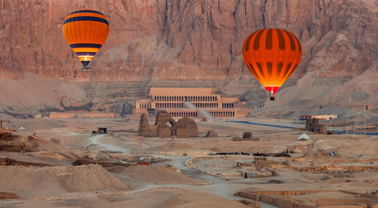 Hot air balloons over Hatshepsut Temple, Luxor