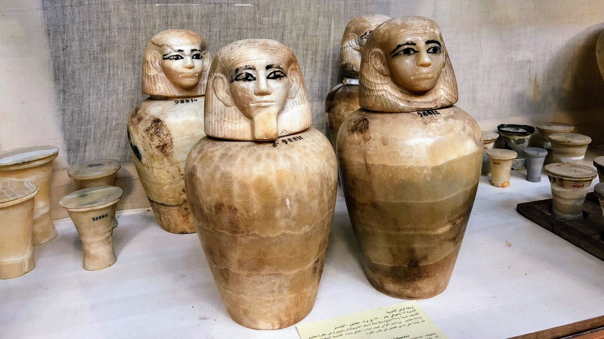 Alabaster canopic jars used to preserve organs for the afterlife, Egyptian Museum