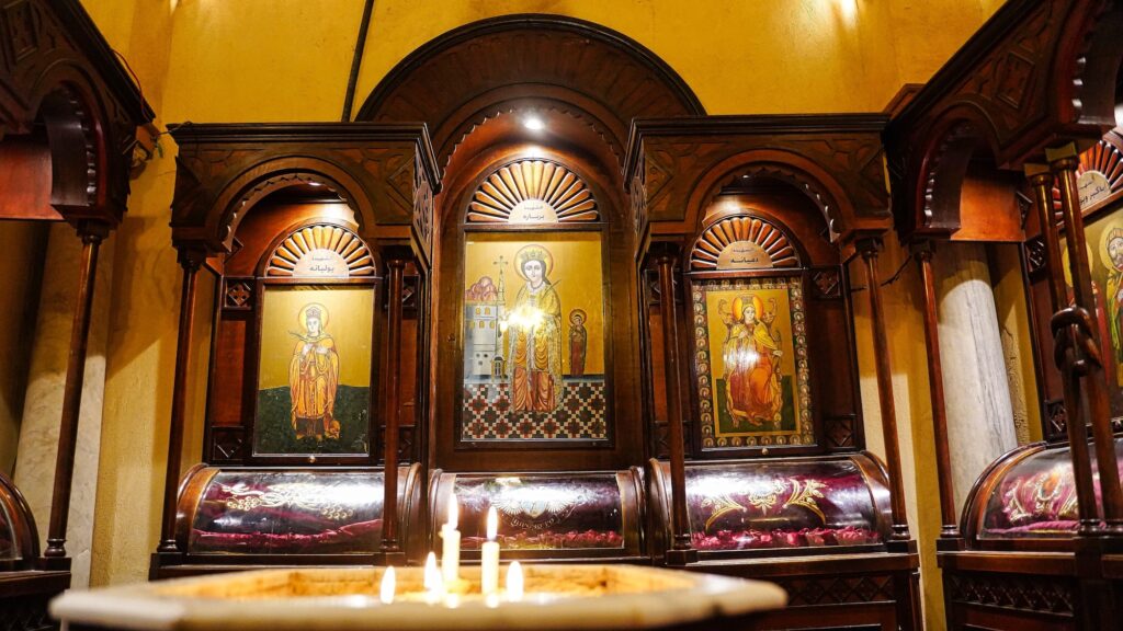 Icon paintings depicting Saint Barbara inside the Coptic Orthodox church of Saint Barbarabuilt in the 5th century AD in Coptic Cairo