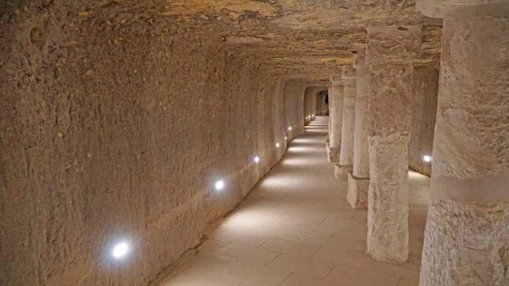 Interior corridor and stone columns inside the Step Pyramid of Djoser at the Saqqara Necropolis, Saqqara