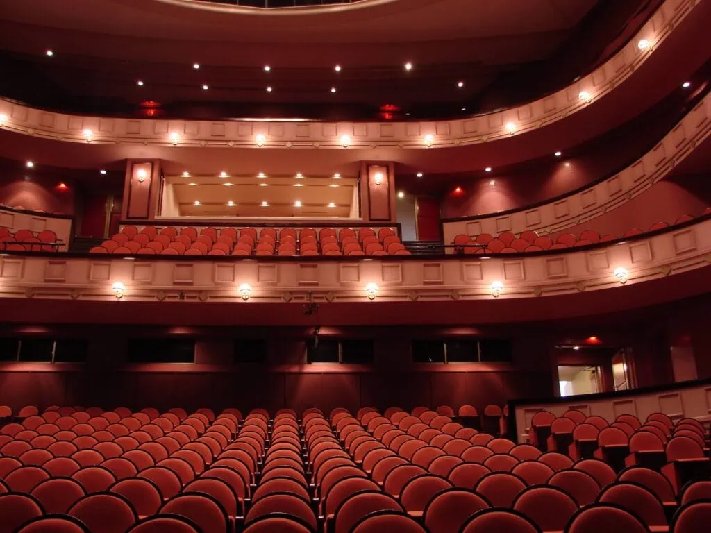Interior view of tiered red auditorium seats inside the Cairo Opera House, Cairo Opera House, Cairo