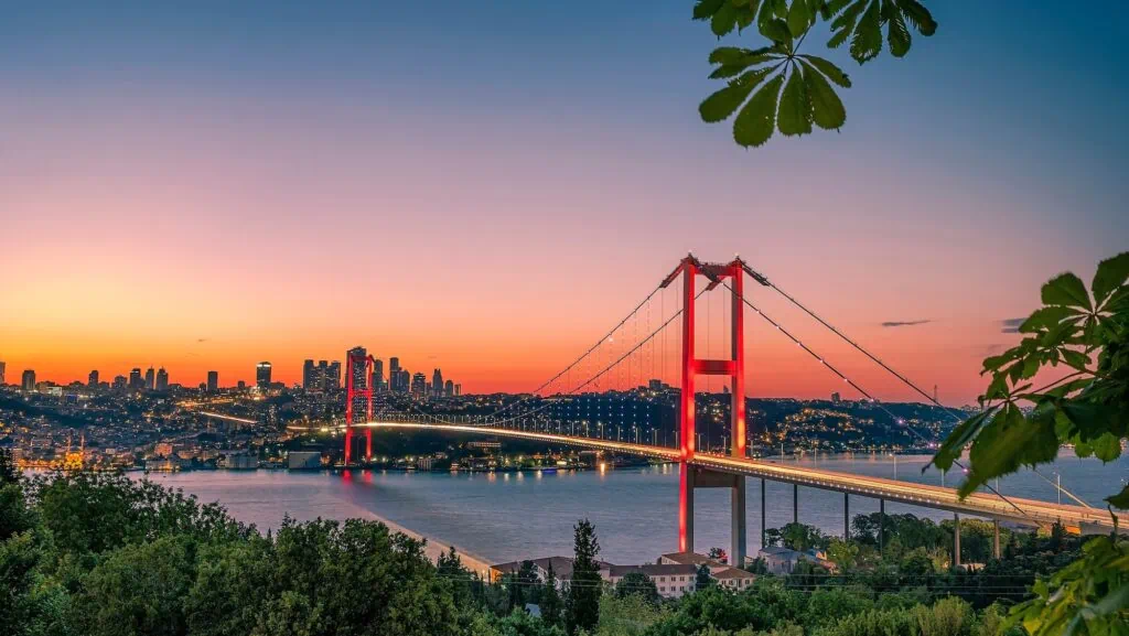 Bosphorus Bridge spanning the strait with suspension cables and roadway connecting two shores in Istanbul