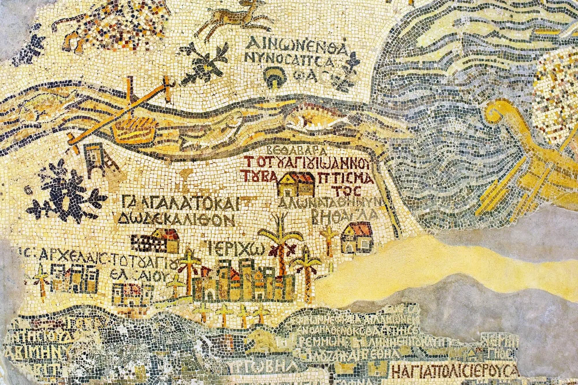Ancient Byzantine mosaic map fragment from St. George's Orthodox Church in Madaba, Jordan