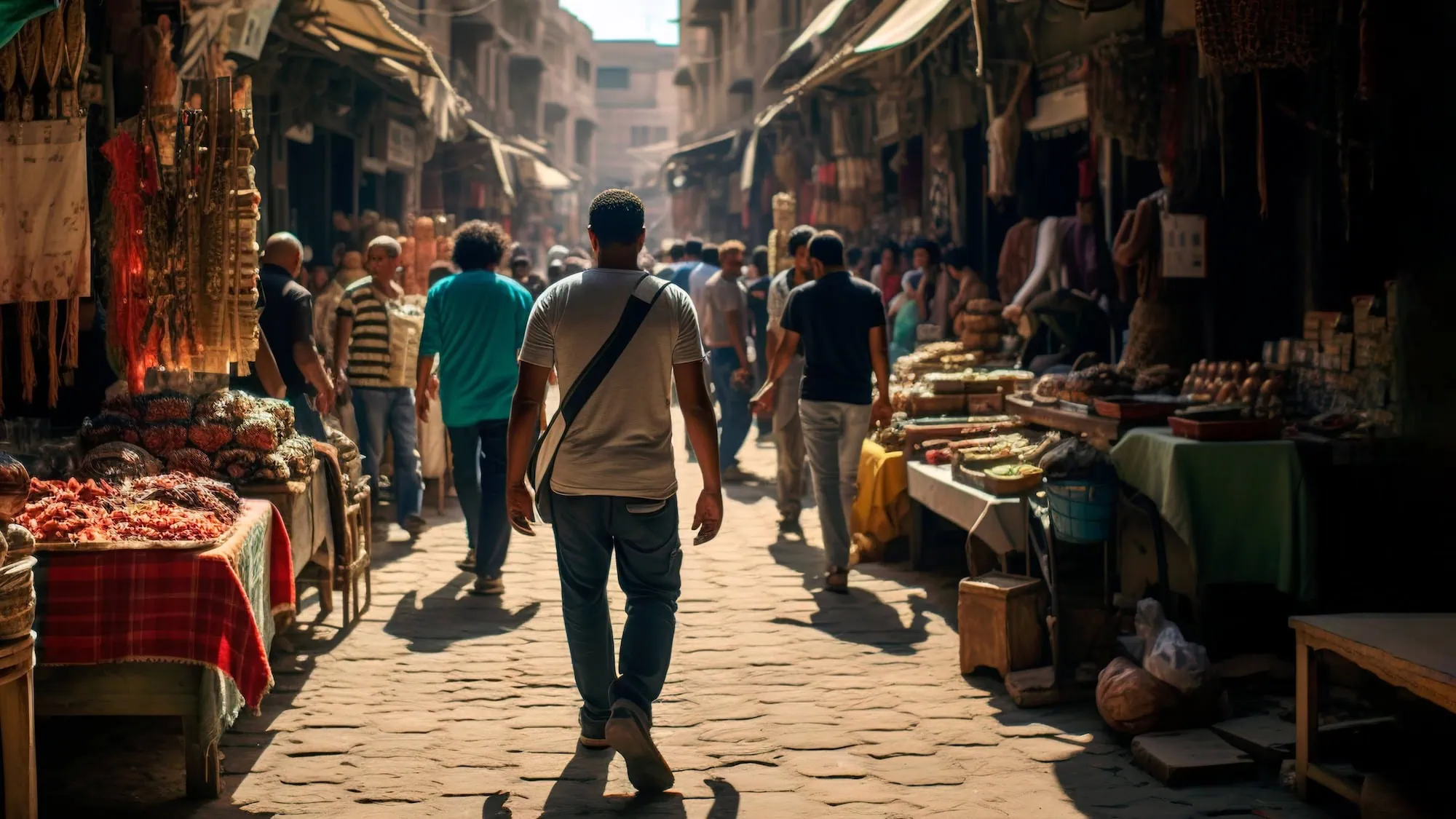 Bustling traditional market street with vendors and shoppers browsing local goods