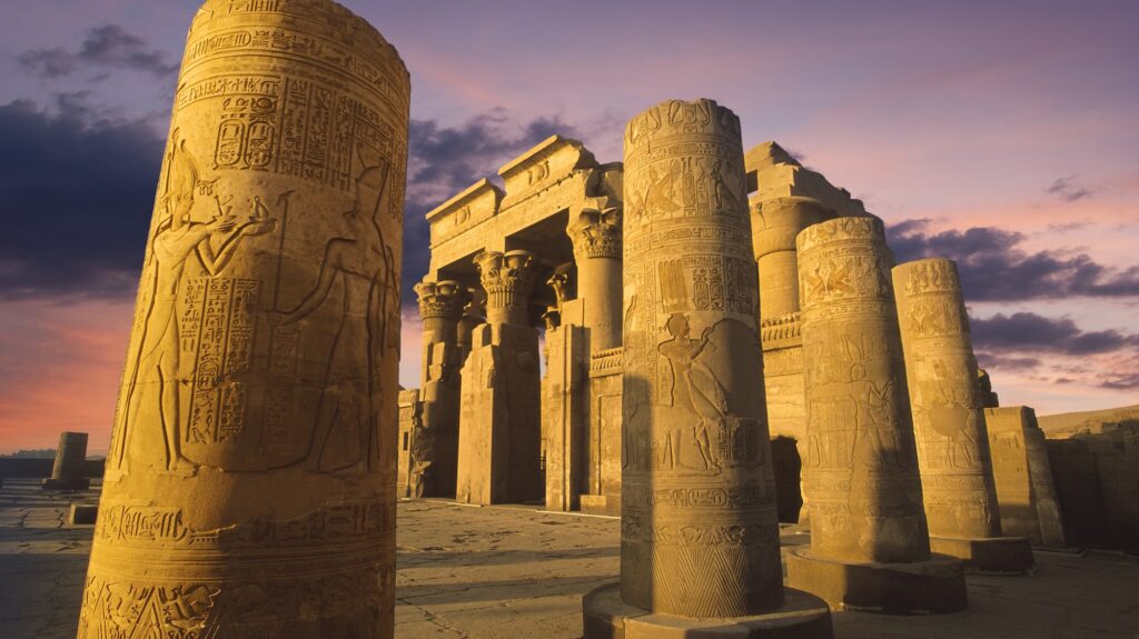 Kom Ombo temple at sunset on the Nile in Egypt