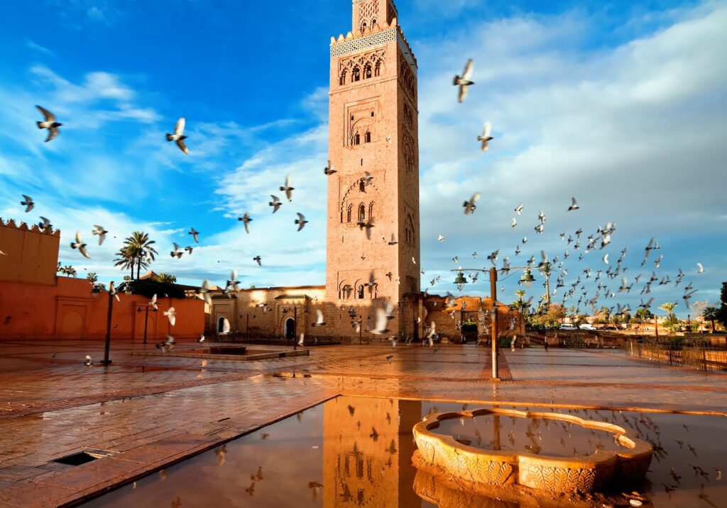 Koutoubia Mosque in Marrakech, Morocco – iconic landmark and top Marrakech attraction with its majestic 77 m Almohad minaret rising above the medina near Jemaa el‑Fna