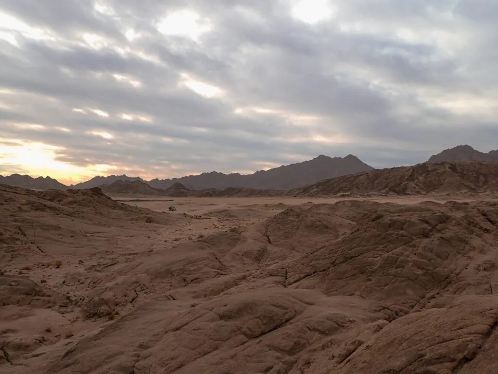 Rocky desert landscape with scattered mountains and sandy plains in Nabq Protected Area, Sharm el-Sheikh