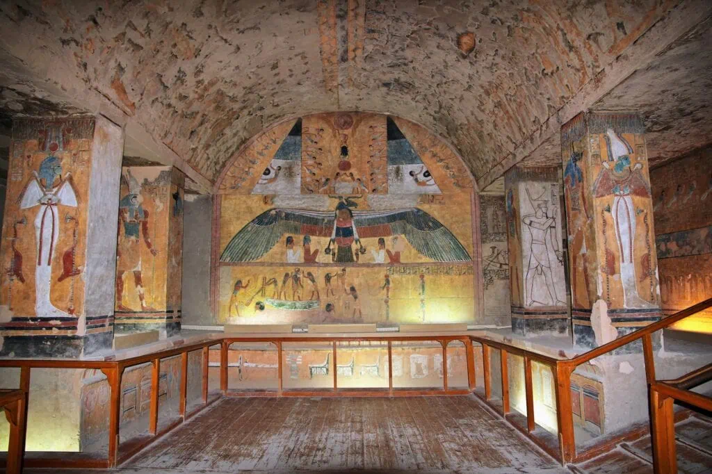 Brightly painted frescoes and hieroglyphs inside a Valley of the Kings tomb near Luxor, the kind of decorated chamber a private Egyptologist guide selects for accessibility on a senior Egypt tour.
