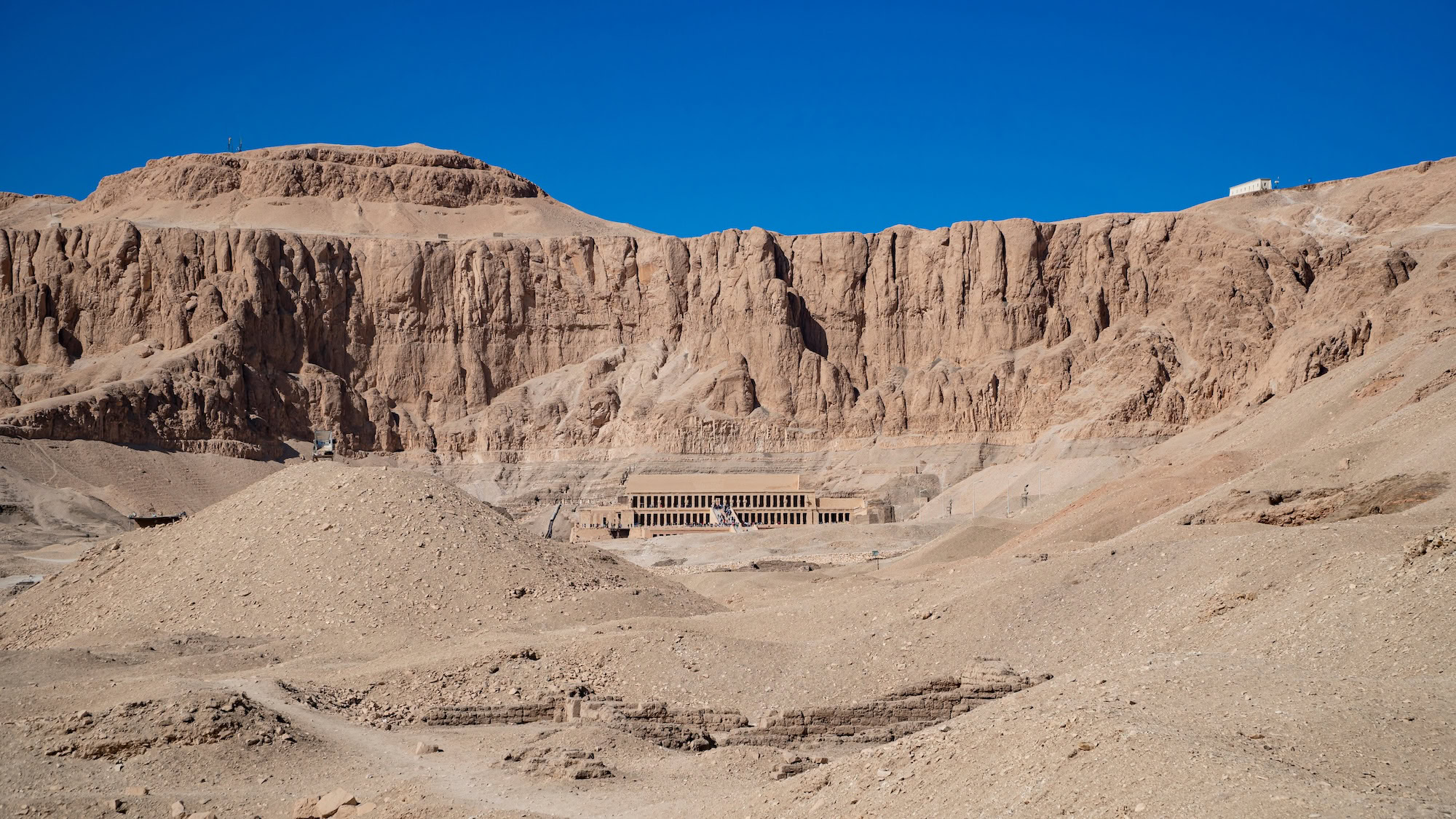 Mortuary Temple of Hatshepsut with terraced architecture against limestone cliffs in Egypt