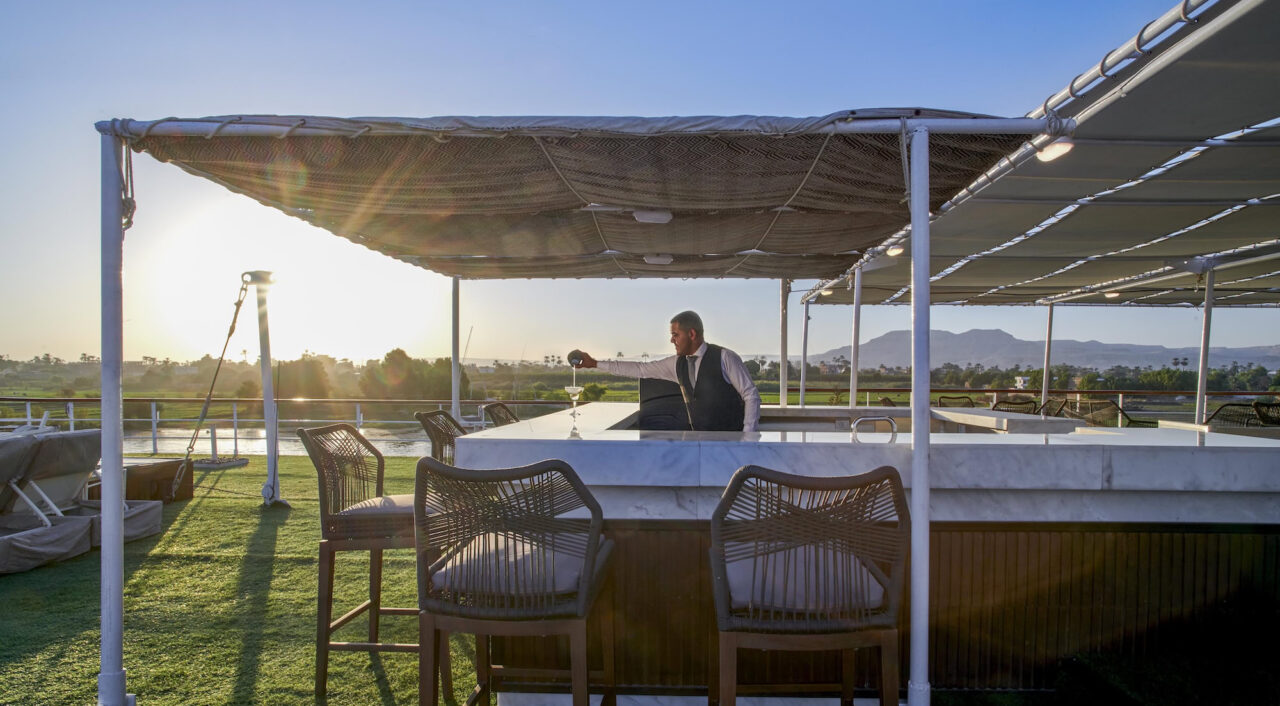 Outdoor bar on Mövenpick Royal Lily overlooking the Nile