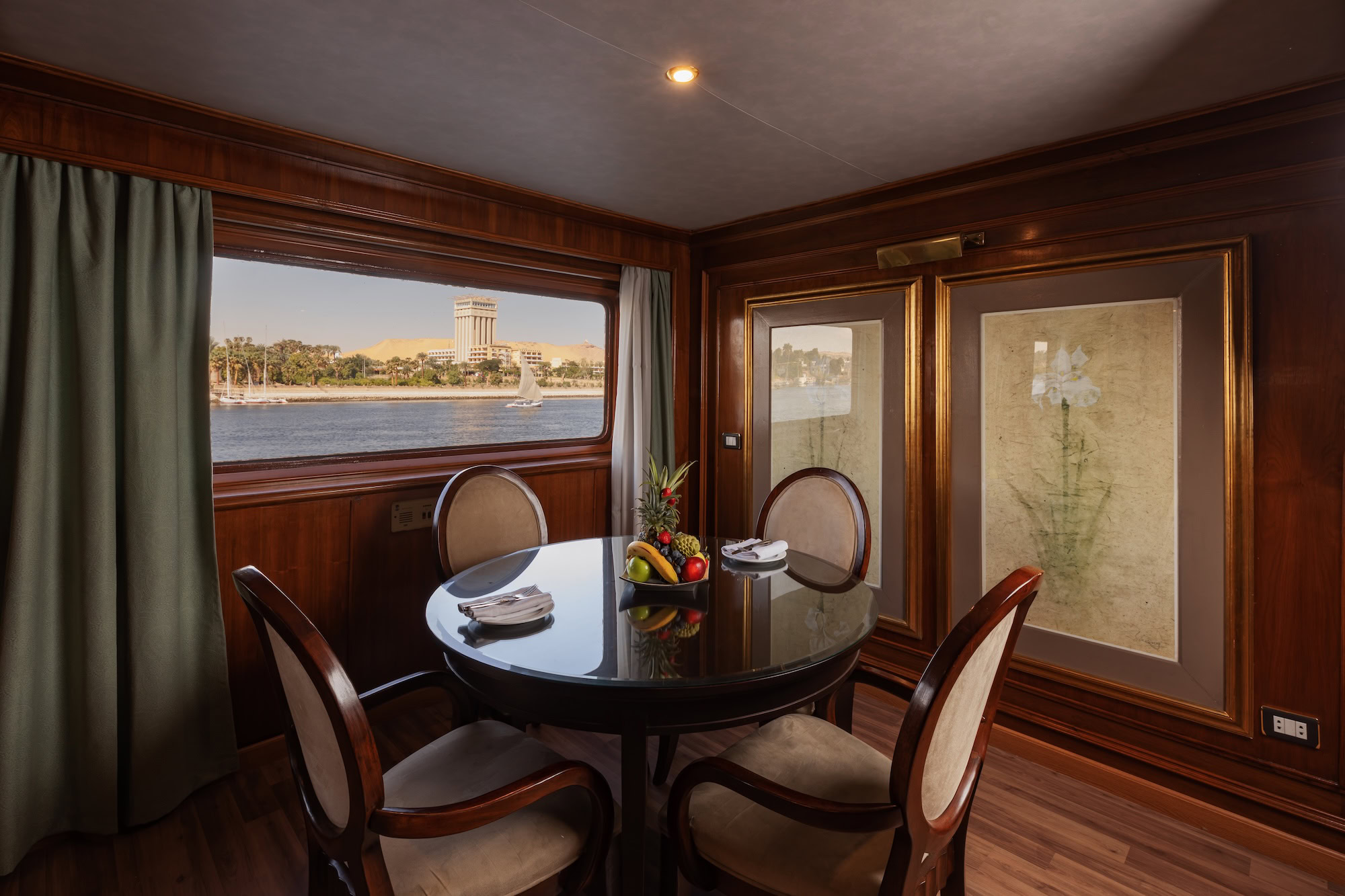 Elegant dining room interior aboard luxury Nile River cruise ship