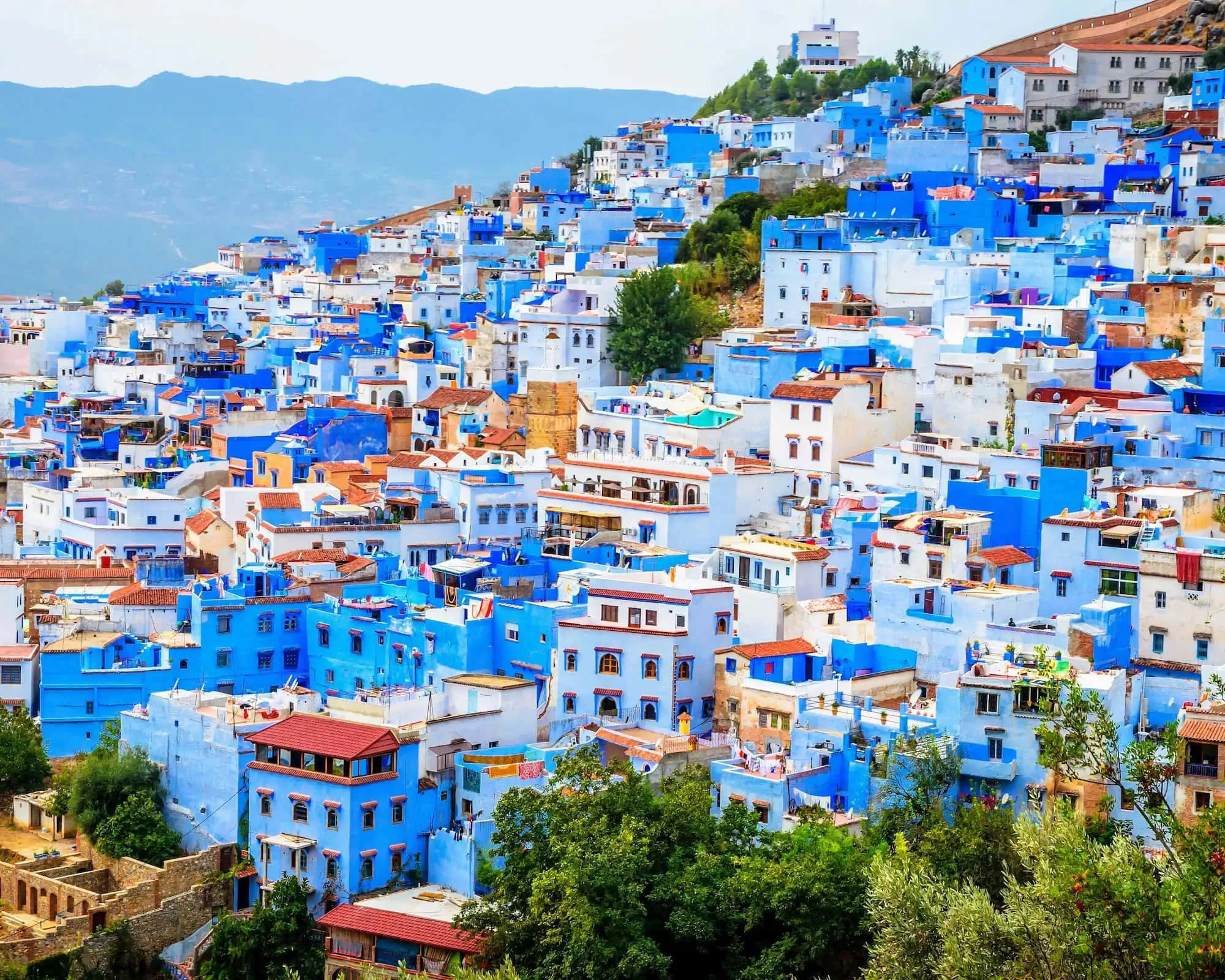 Panoramic view of Chefchaouen's blue-painted buildings cascading down hillside in Morocco