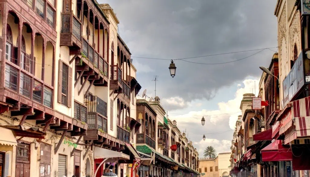 Mellah quarter with narrow streets, balconies, and traditional buildings in the old medina, Fes