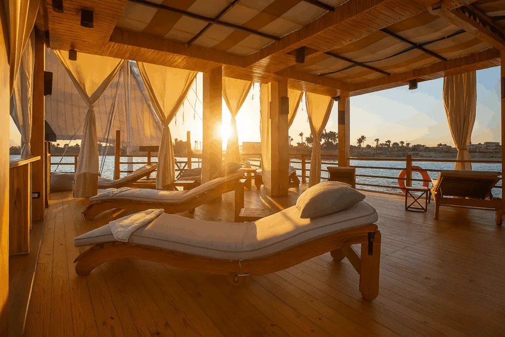 Open upper deck on Nebyt Dahabiya with shaded lounge chairs - Egypt Honeymoon Packages