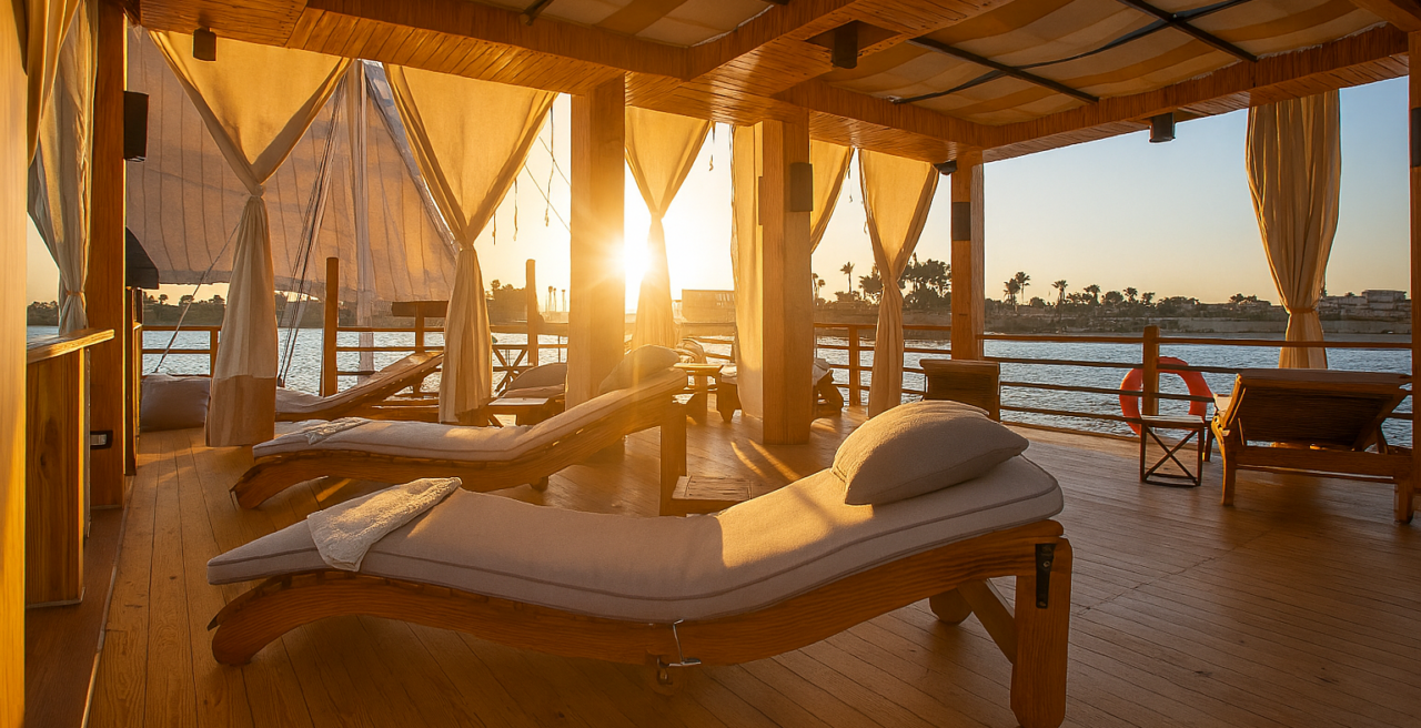 Open upper deck on Nebyt Dahabiya with shaded lounge chairs