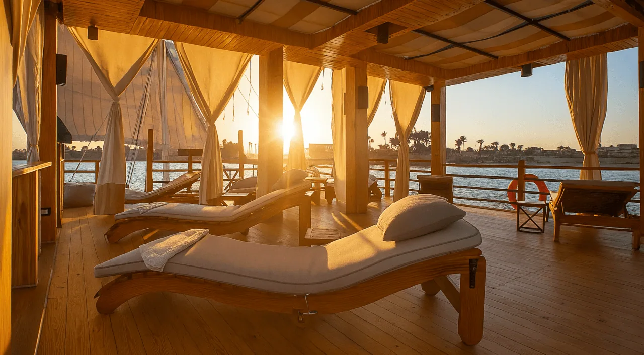 Open upper deck on Nebyt Dahabiya with shaded lounge chairs