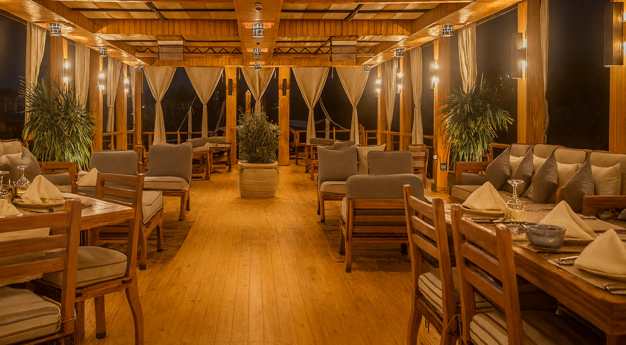 Evening view of Nebyt Dahabiya with warm lights