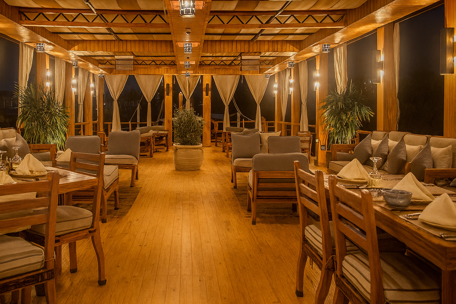 Evening view of Nebyt Dahabiya with warm lights