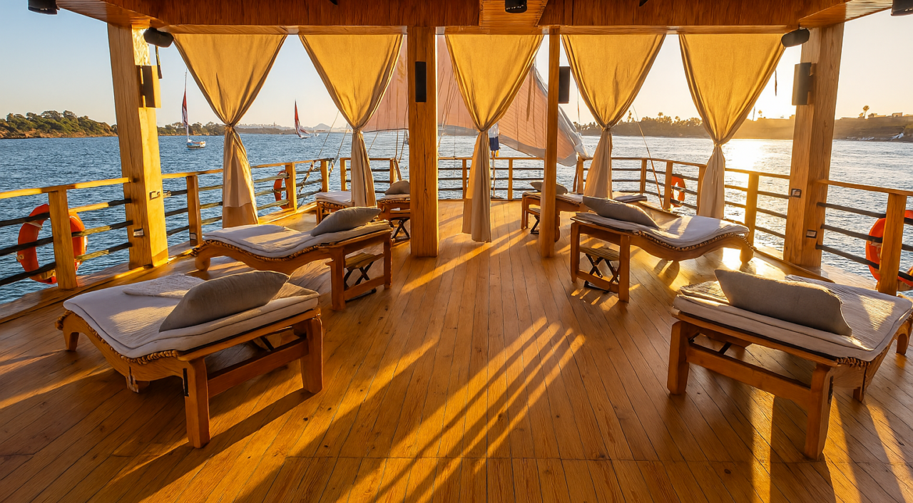 Wooden deck with sunbeds on Nebyt Dahabiya Nile Cruise