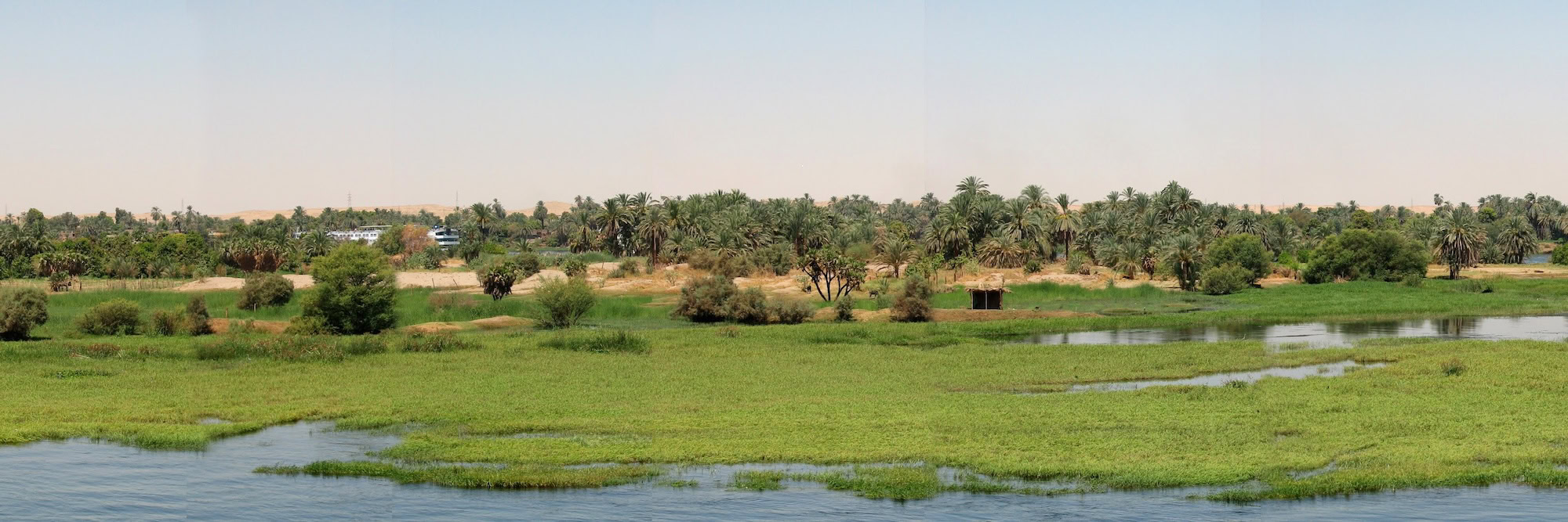 Nile River valley with agricultural fields, palm trees, and farming areas