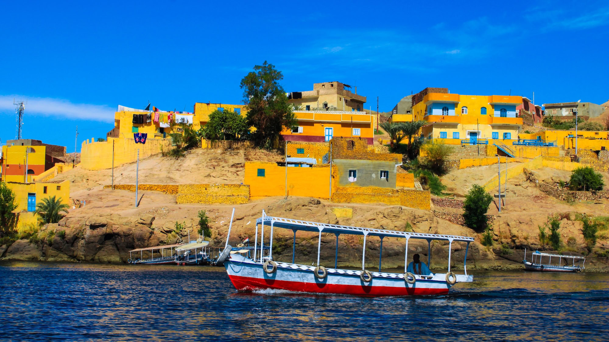 Traditional Nubian village along the Nile River with colorful houses and palm trees