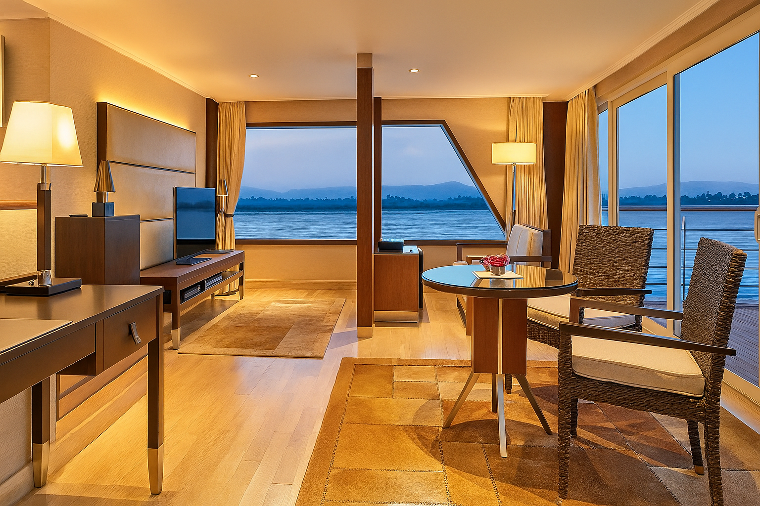 Well-appointed cabin on Oberoi Zahra with elegant wood details