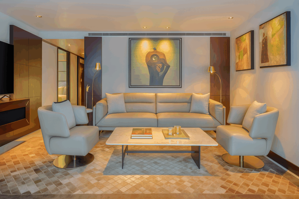 Interior view of a suite cabin aboard the Oberoi Zahra Nile Cruise ship