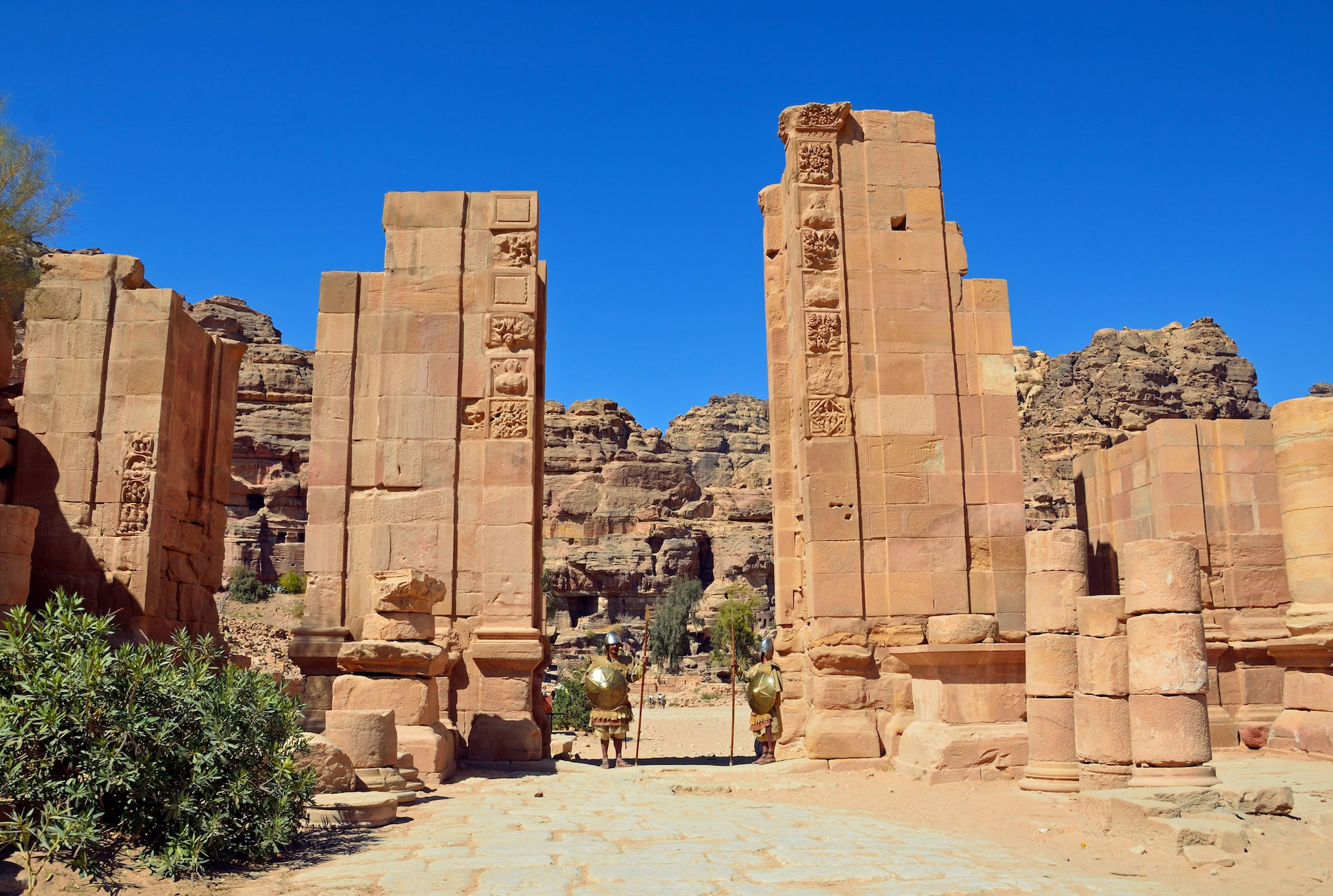 Ancient columns and sandstone ruins of the Great Temple of Petra
