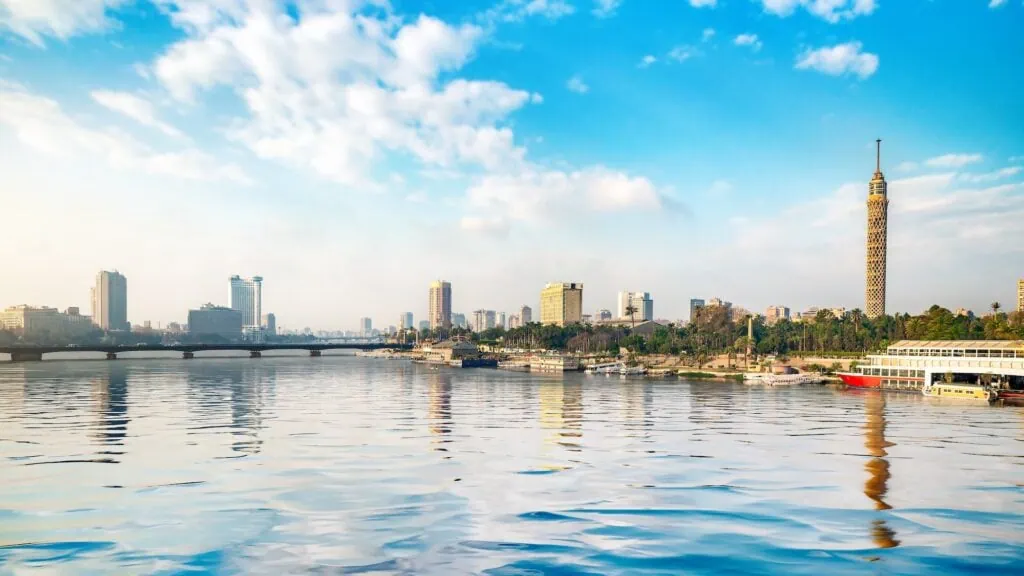 View of the Nile River with the Cairo city skyline and riverbanks visible, Cairo