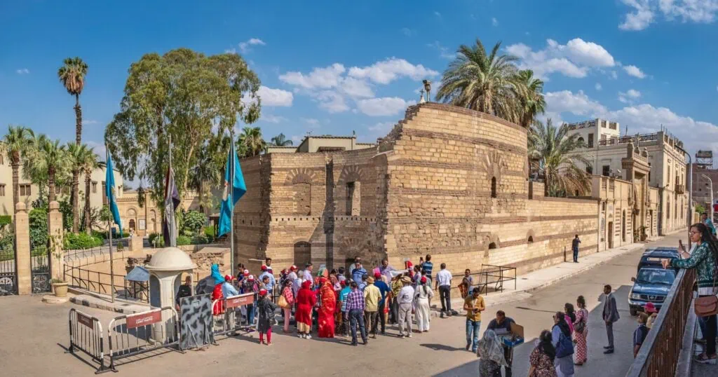 Panoramic view of the stone walls and towers of the Babylon Fortress overlooking the surrounding area, Babylon Fortress, Cairo