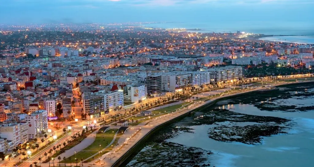 Casablanca skyline along the Atlantic shoreline, the largest city in Morocco and the country's main financial and commercial hub.