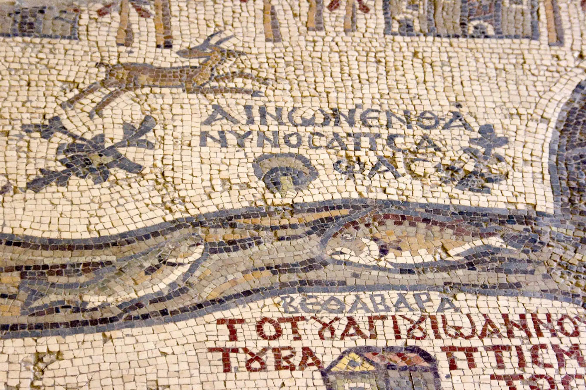 Ancient Byzantine mosaic map detail showing Jerusalem in Greek with decorative fish motifs