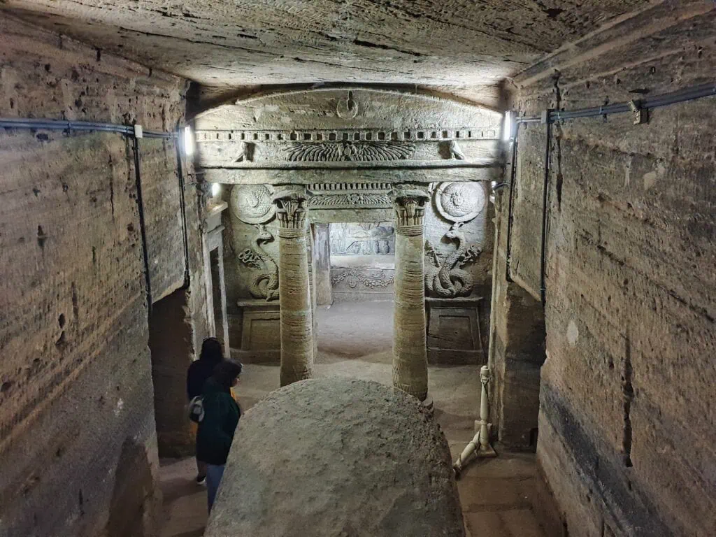 Pillared entrance with Greco-Roman motifs inside the main burial chamber of the Catacombs of Kom El Shoqafa, Alexandria