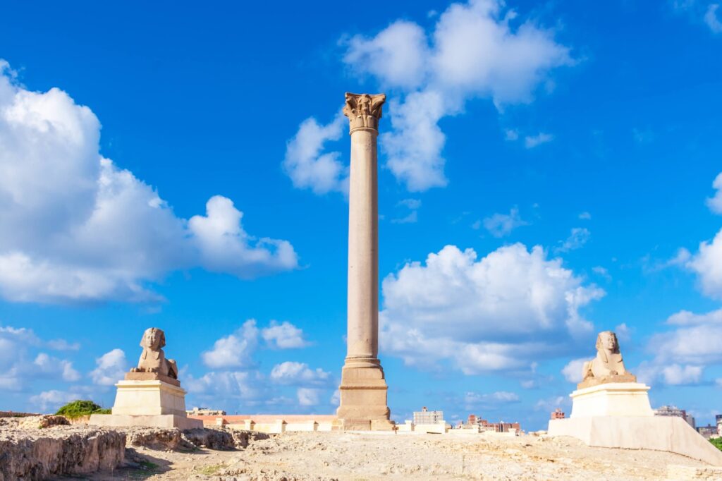Pompey’s Pillar and the ancient sphinx statues, part of Alexandria’s impressive Roman-era complex