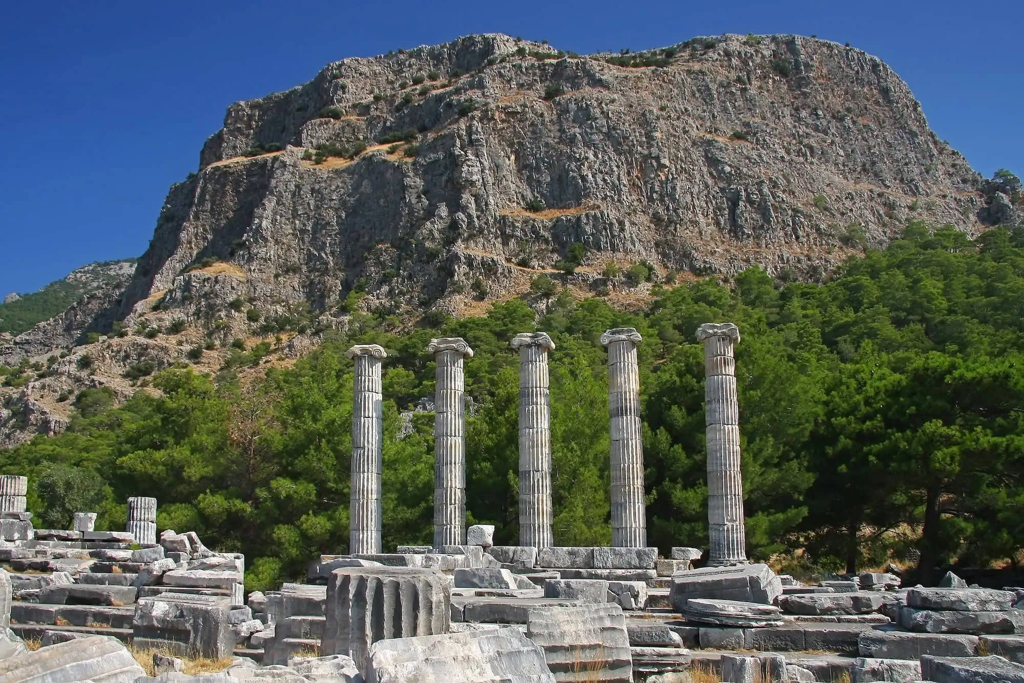 Ancient Greek Ionic columns standing among ruins at Priene archaeological site in Turkey