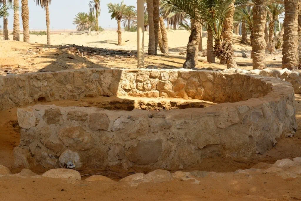 Water wells and palm trees surrounding the Springs of Moses oasis in Ras Sidr