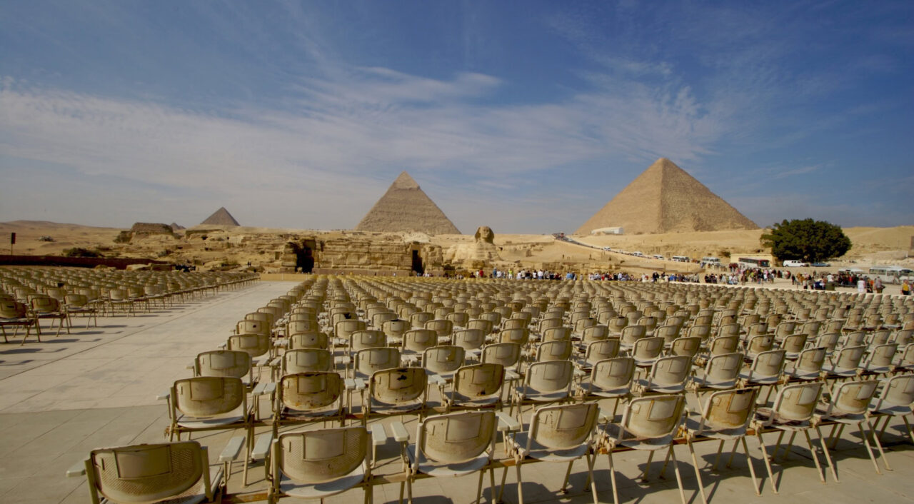 Pyramids At Giza Plateau Egypt. Viewed From The Light And