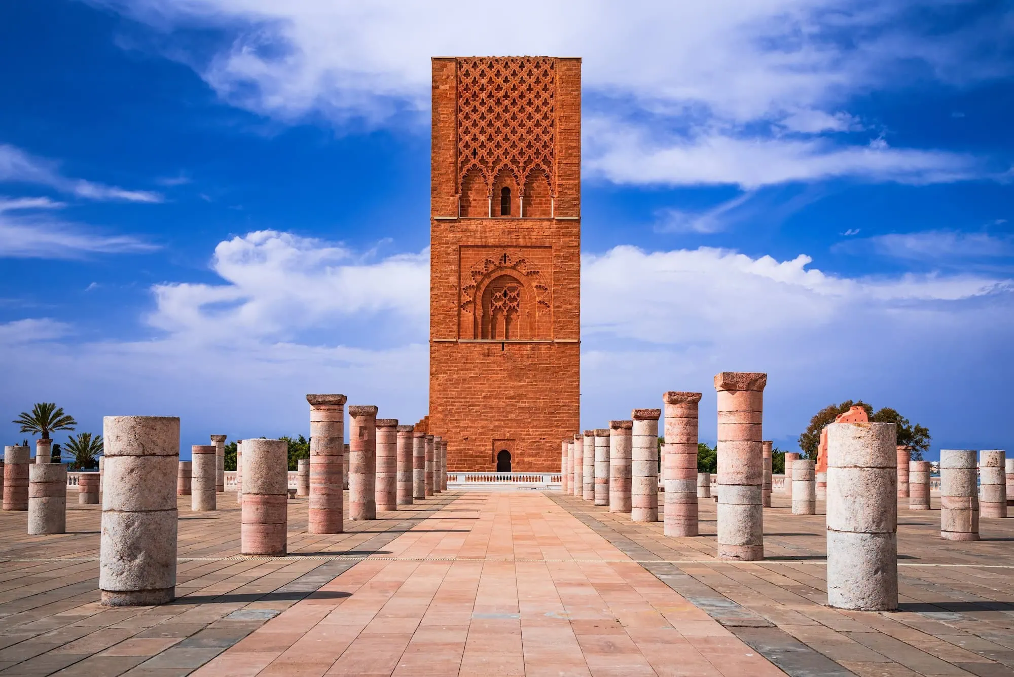 Hassan Tower minaret surrounded by ancient stone columns in Rabat, Morocco